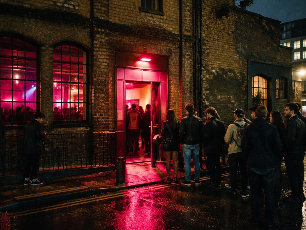 People outside a brick music venue at night